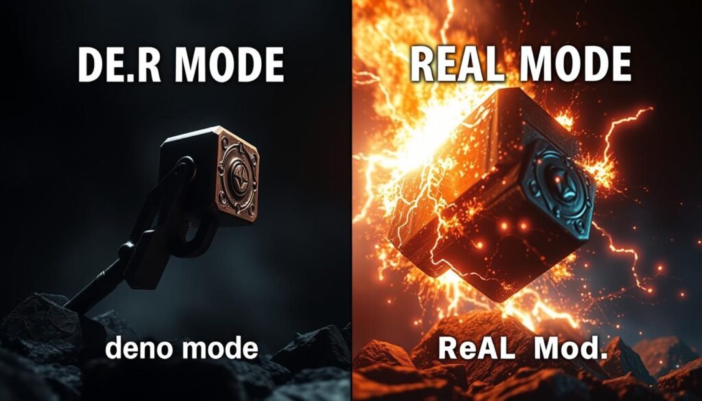 A stark contrast between the playful "demo mode" and the intense "real mode" of the legendary Thor's Hammer, UTown. In the demo, the mighty weapon appears subdued, its power held back, inviting curious players to test its limits. But in the true realm, the Hammer's fury is unleashed, crackling with raw energy, its thunderous impacts shaking the very earth. Dramatic lighting illuminates the profound differences, with the demo shrouded in a softer, almost toy-like glow, while the real mode exudes an ominous, foreboding aura, hinting at the Hammer's true, unrestrained capabilities.