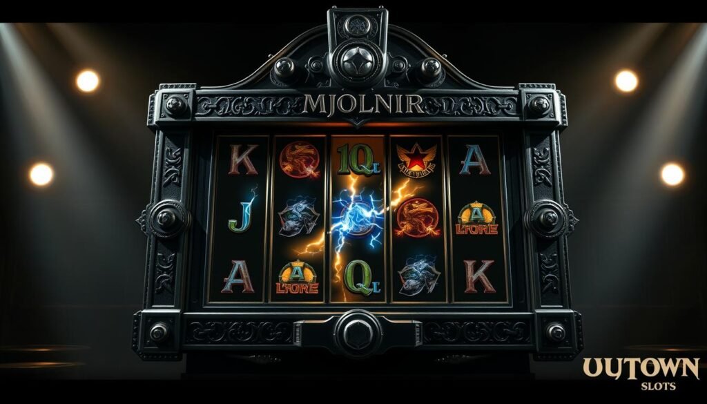 A striking and enigmatic slot machine, the "Mjolnir Slots" by UTown, stands before the viewer. The metallic frame is adorned with intricate Norse runes and embellishments, evoking the powerful hammer of the legendary Thor. Dramatic lighting casts deep shadows, creating an atmosphere of mystique and anticipation. The reels, emblazoned with symbols of lightning, thunder, and ancient deities, spin with a mesmerizing rhythm, hinting at the game's potential for epic rewards. The machine's imposing presence commands attention, inviting the player to uncover the secrets hidden within its mechanical depths and unlock the true power of the Thundergod's Hammer.