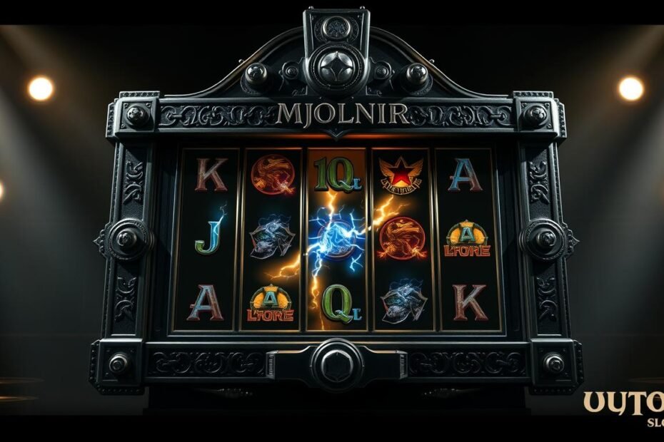 A striking and enigmatic slot machine, the "Mjolnir Slots" by UTown, stands before the viewer. The metallic frame is adorned with intricate Norse runes and embellishments, evoking the powerful hammer of the legendary Thor. Dramatic lighting casts deep shadows, creating an atmosphere of mystique and anticipation. The reels, emblazoned with symbols of lightning, thunder, and ancient deities, spin with a mesmerizing rhythm, hinting at the game's potential for epic rewards. The machine's imposing presence commands attention, inviting the player to uncover the secrets hidden within its mechanical depths and unlock the true power of the Thundergod's Hammer.
