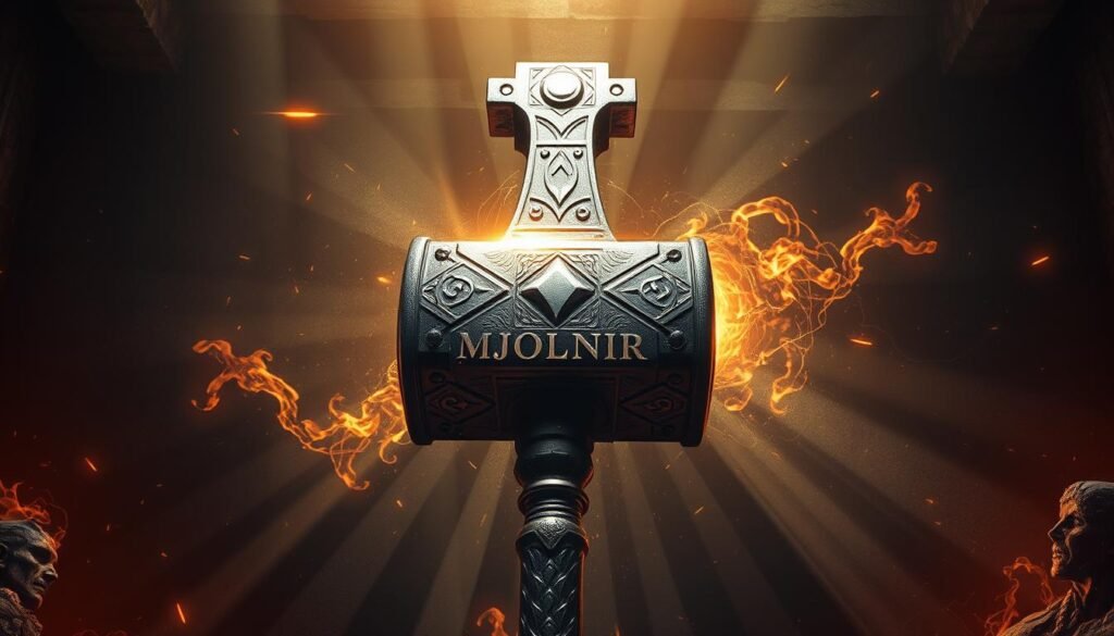 A stunning digital illustration of the legendary Mjolnir, the mighty hammer wielded by the Norse god Thor. The hammer's intricate metallic details gleam under warm, dramatic lighting, casting dynamic shadows across a gritty, industrial-style background. The composition focuses on the central Mjolnir, surrounded by a swirling energy field and hints of ancient runes. The overall aesthetic evokes a sense of power, mysticism, and the rich mythology of the Thor character. Rendered in the distinctive UTown art style.