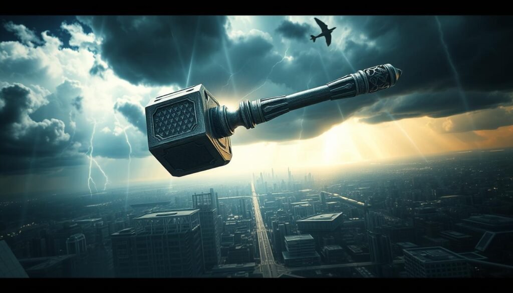 A stunning, high-resolution image showcasing the key advantages of the "UTown" Stormbreaker gameplay experience. Depicted is an epic scene of the Stormbreaker hammer soaring through a dramatic sky, illuminated by brilliant beams of light piercing through heavy storm clouds. The hammer's intricate metallic details glisten in the dramatic lighting, conveying a sense of power and technological sophistication. In the background, a sprawling futuristic cityscape extends into the horizon, hinting at the vast scale and immersive world of the game. The overall mood is one of grandeur, adventure, and the thrill of wielding an iconic mythical weapon. This compelling visual will capture the attention of readers and effectively highlight the unique appeal of the "UTown" Stormbreaker trial.