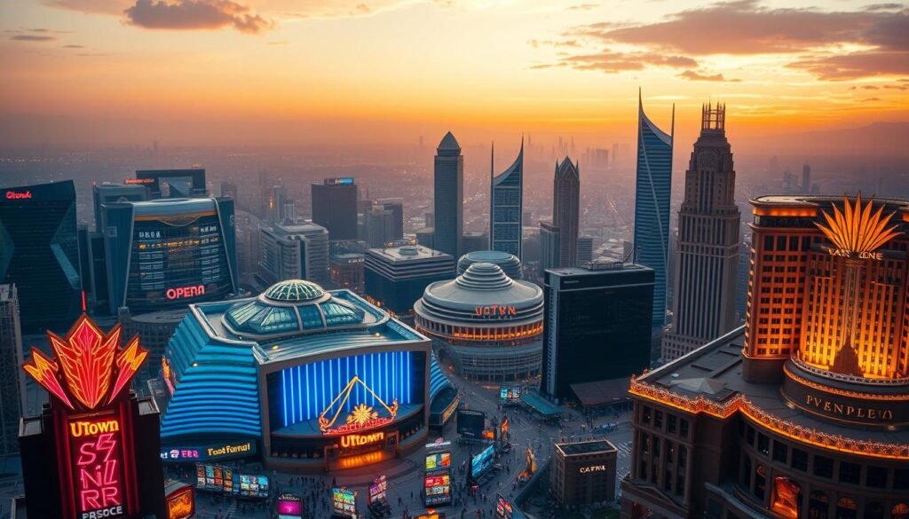 A vast, sprawling metropolis of gleaming skyscrapers and bustling entertainment complexes, the UTown empire stands as a beacon of prosperity and excitement. In the foreground, a towering neon-lit casino beckons visitors with its dazzling array of gaming tables and slot machines, while in the middle ground, a grand opera house hosts lavish theatrical productions. The background is dominated by a stunning skyline, with sleek, modern buildings framed by a golden-hued sunset sky. The entire scene is bathed in a warm, inviting glow, creating an atmosphere of opulence and indulgence. Cinematic lighting and a wide-angle lens capture the grandeur and scale of this thriving entertainment hub, inviting the viewer to immerse themselves in the thrilling world of UTown.