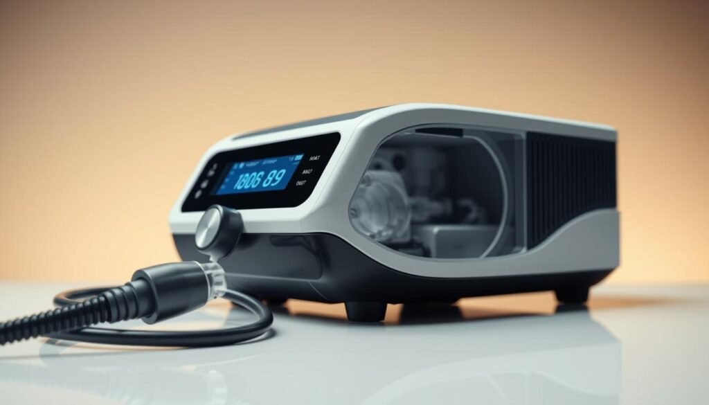 A well-lit, close-up photographic still life depicting a modern iCareCPAP sleep apnea machine with a detailed cutaway view of its internal pressure adjustment mechanism. The machine sits atop a glossy white surface, its sleek design and digital display panel clearly visible. The foreground showcases the machine's adjustable pressure knob and tubing, while the background features a soft, out-of-focus gradient. The overall mood is one of technical precision, with clean lines and a crisp, clinical aesthetic to convey the importance of proper sleep apnea machine settings.