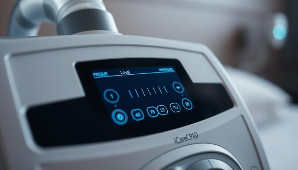 A well-lit, close-up view of a modern iCareCPAP sleep apnea machine, its control panel prominently displayed. The machine's display shows various pressure level settings, clearly indicating the personalized adjustments necessary for optimal sleep breathing support. The background is slightly blurred, emphasizing the machine's technical details. The overall scene conveys a sense of precision, healthcare, and the importance of customized sleep apnea therapy.
