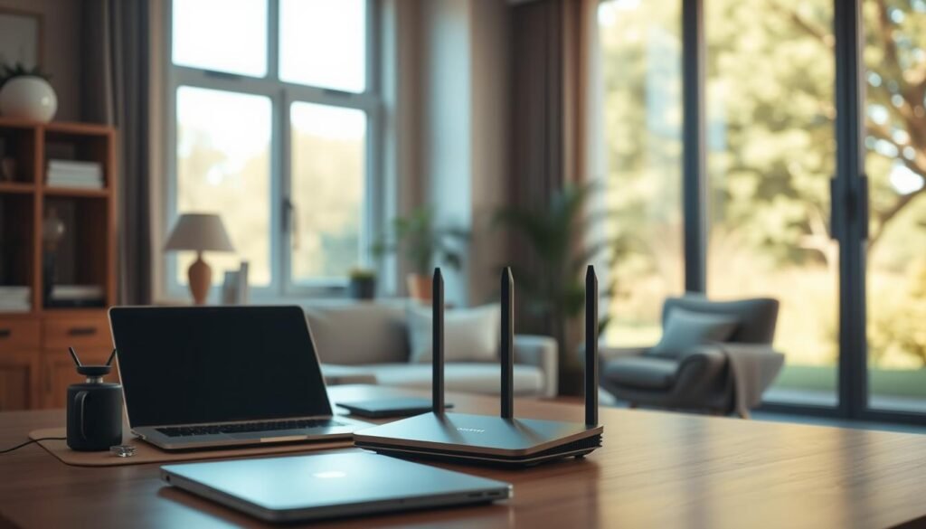 An interior scene showcasing a Telecombrother broadband network setup, with a sleek and modern home office environment. The room is bathed in warm, diffused lighting, creating a cozy and productive atmosphere. In the foreground, a laptop and desk accessories are neatly arranged, reflecting the attention to detail and organization. In the middle ground, a Telecombrother router stands prominently, its design seamlessly blending with the décor. The background features large windows overlooking a lush, green outdoor landscape, creating a sense of openness and connectivity. The overall composition conveys a harmonious balance between technology and comfort, highlighting the importance of reliable broadband services in today's modern home.
