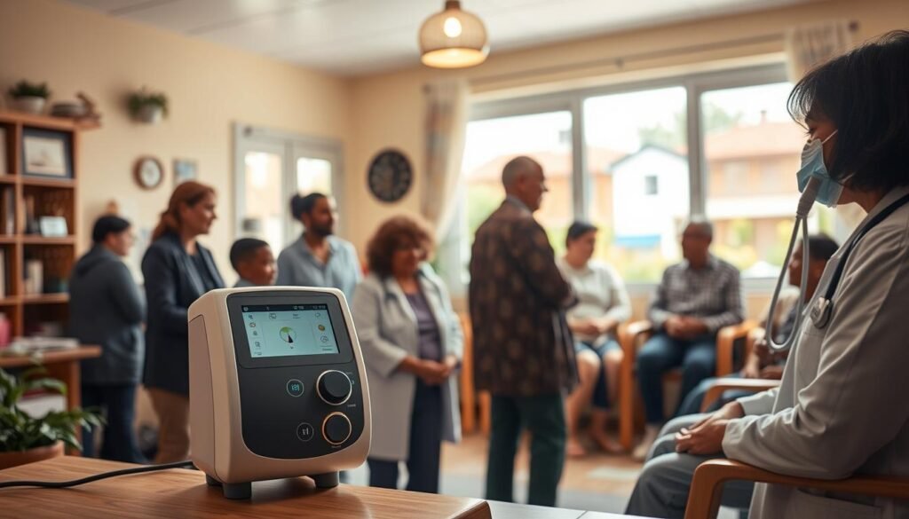 A community healthcare clinic with a cozy, welcoming atmosphere. In the foreground, an iCareCPAP respiratory device stands prominently, its sleek design and intuitive controls showcasing its user-friendly nature. The middle ground features patients of diverse ages and backgrounds, interacting with medical staff and demonstrating the inclusive, accessible nature of the community-based care. The background depicts a warm, well-lit space with windows overlooking a vibrant neighborhood, conveying a sense of integration and engagement with the local community. The overall scene exudes a mood of comfort, empowerment, and the vital role that respiratory devices play in enhancing the quality of life for individuals within the community healthcare setting.