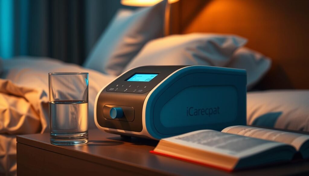 A high-quality, state-of-the-art iCareCPAP sleep apnea machine resting on a bedside table. The device features a sleek, minimalist design with a soft blue LED display and adjustable settings. Nearby, a glass of water and a book rest on the table, creating a calming, relaxing atmosphere. The room is dimly lit, with warm, diffused lighting casting a gentle glow. The machine is positioned prominently, suggesting its importance in the scene. The overall impression is one of comfort, health, and advanced medical technology seamlessly integrated into a domestic setting.