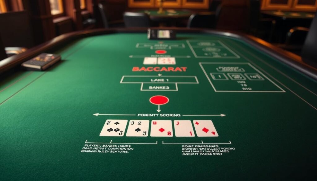 A neatly organized diagram illustrating the baccarat drawing rules on a green felt gaming table, bathed in warm, elegant lighting. In the foreground, a detailed breakdown of the player and banker hand drawing conditions, with clear visual cues. The middle ground features a simplified point scoring system, while the background showcases the overall baccarat gameplay flow. The image conveys a sense of refined sophistication, inviting the viewer to understand the nuances of this classic casino game.