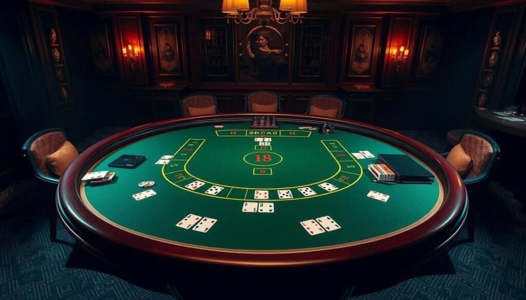 A visually striking and meticulously detailed illustration of the rules and gameplay of the classic casino game Baccarat. Set against a dimly lit, elegant casino interior with rich mahogany tones, plush velvet, and warm lighting. The table takes center stage, its green felt surface immaculately laid out with the precise markings and betting areas characteristic of a Baccarat table. Playing cards, casino chips, and other accoutrements are arranged neatly around the table, conveying a sense of order and precision. The overall mood is one of refined sophistication, inviting the viewer to immerse themselves in the strategic nuances of this time-honored game.
