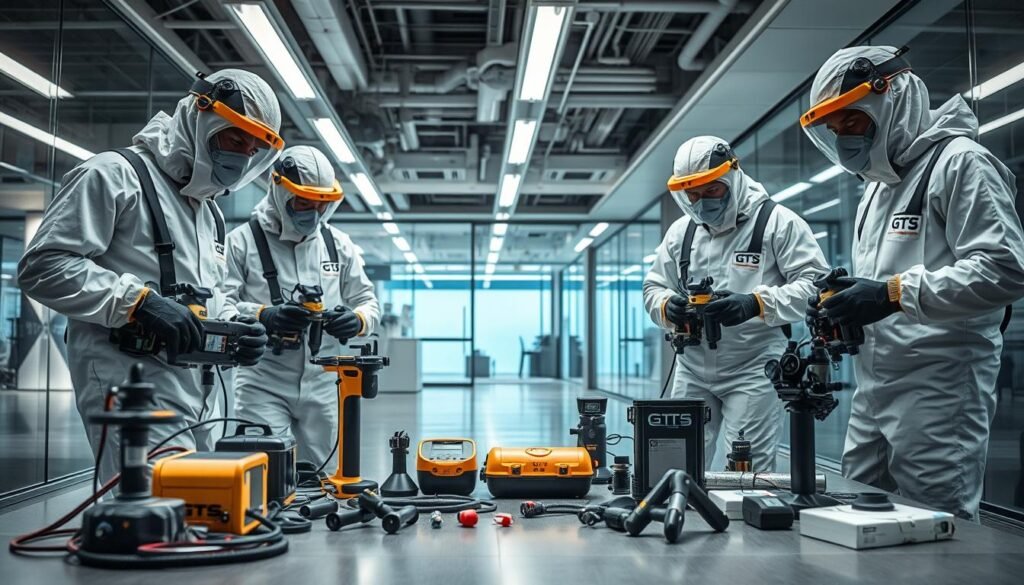 A professional team of pest control experts from iCareCPAP, dressed in protective gear, examining a commercial space with state-of-the-art equipment. The scene is well-lit, showcasing the company's sophisticated approach to pest management. The middle ground features various pest control tools and devices, while the background depicts a modern, minimalist office setting. The overall atmosphere conveys a sense of expertise, efficiency, and a commitment to providing a comprehensive, tailored solution to the client's pest issues.
