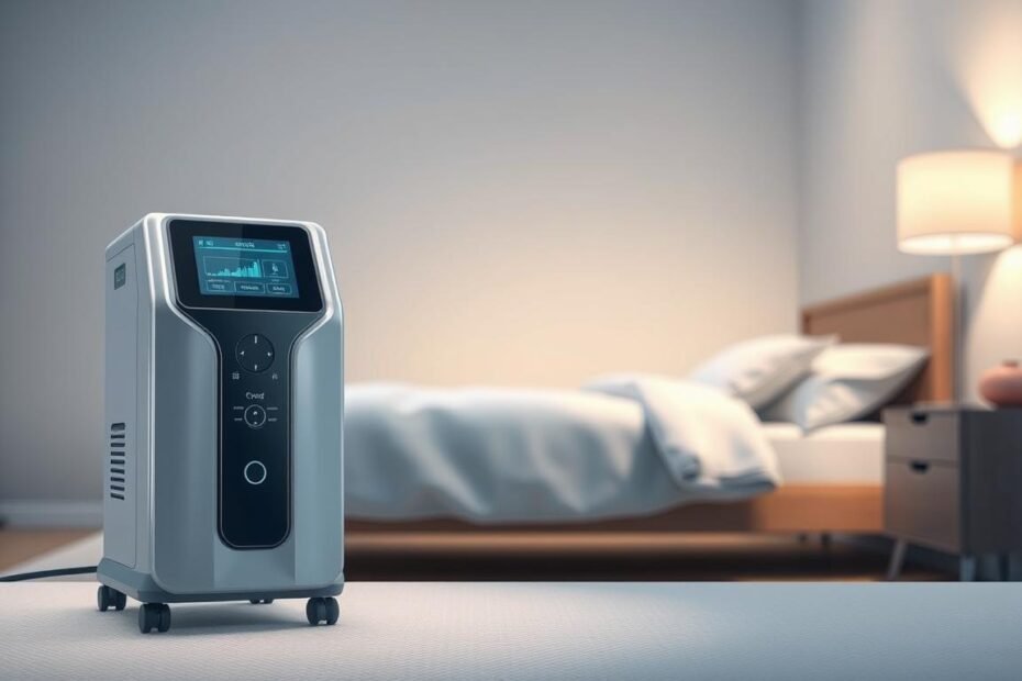 A detailed, high-quality medical illustration of an iCareCPAP sleep apnea machine. The device is positioned in the foreground, showcasing its sleek, modern design with a clear display panel and intuitive controls. The middle ground features a minimalist, well-lit bedroom setting, with a bedside table and nightstand. The background subtly depicts a calming, soothing atmosphere, perhaps with soft, muted colors and gentle lighting to convey the tranquil environment associated with sleep. The image should capture the essential features and functionality of the sleep apnea machine, while also conveying a sense of comfort and relaxation to the viewer, in line with the article's focus on home-based treatment solutions.