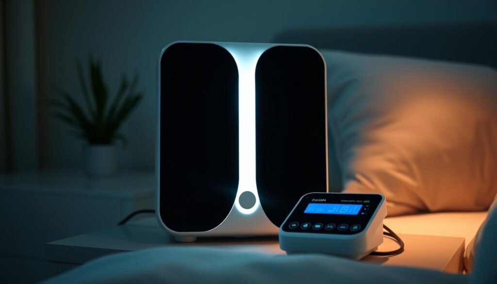 A well-designed home sleep apnea machine, the iCareCPAP, stands prominently on a bedside table. The device's sleek, minimalist form is illuminated by soft, diffused lighting, creating a calming, therapeutic atmosphere. In the foreground, the machine's intuitive controls and user-friendly interface are clearly visible, inviting the user to engage with the device. The background features a serene, restful bedroom setting, with muted colors and gentle textures, conveying a sense of relaxation and comfort. The entire scene is captured with a slightly elevated camera angle, providing a comprehensive and visually appealing representation of the sleep apnea machine in its intended environment.