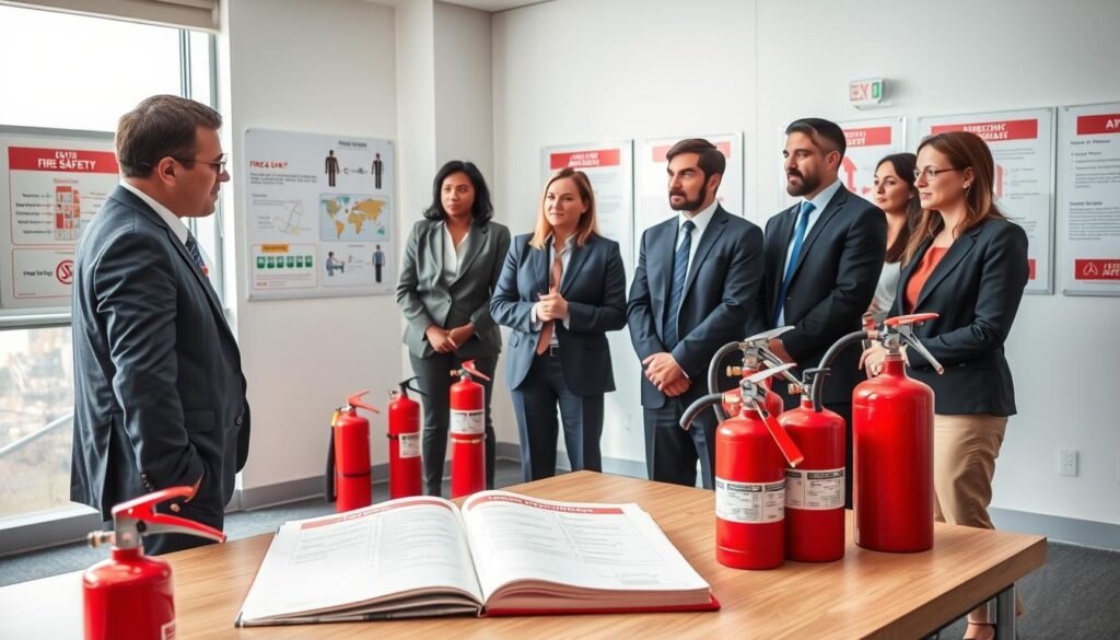 A professional training environment focused on fire safety and emergency procedures. In the foreground, a diverse group of three individuals, dressed in smart business attire, attentively observing a training session where an instructor is demonstrating the use of a fire extinguisher. In the middle ground, a clear display of safety equipment, including fire extinguishers and emergency exit signs, with an open fire safety manual placed visibly on a table. The background features a well-lit training room with posters illustrating evacuation plans and fire safety protocols. Natural light streams through large windows, creating an encouraging and serious atmosphere that emphasizes the importance of safety and preparedness. The scene captures the essence of a thorough safety training course without any distractions.
