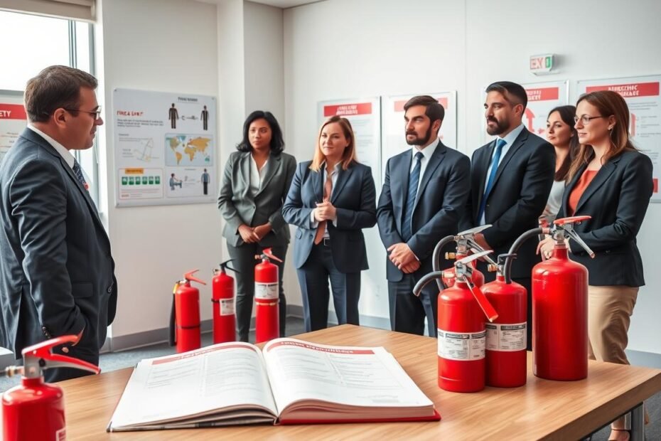 A professional training environment focused on fire safety and emergency procedures. In the foreground, a diverse group of three individuals, dressed in smart business attire, attentively observing a training session where an instructor is demonstrating the use of a fire extinguisher. In the middle ground, a clear display of safety equipment, including fire extinguishers and emergency exit signs, with an open fire safety manual placed visibly on a table. The background features a well-lit training room with posters illustrating evacuation plans and fire safety protocols. Natural light streams through large windows, creating an encouraging and serious atmosphere that emphasizes the importance of safety and preparedness. The scene captures the essence of a thorough safety training course without any distractions.