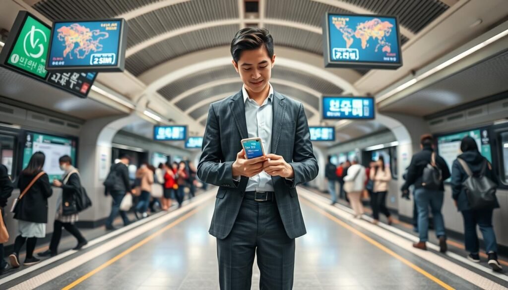 A professional individual standing confidently in a modern subway station in South Korea, holding a smartphone displaying an active eSIM connection. In the foreground, the person wears stylish yet modest business attire, absorbed in navigating their device. In the middle ground, the bustling subway platform is alive with commuters, showcasing a blend of cultural attire and sleek urban outfits. The background features prominently displayed digital screens with vibrant maps and schedules, and the architectural elements of the station highlight its contemporary design. Soft, natural lighting floods the scene, creating a welcoming atmosphere that suggests efficiency and technological advancement. The perspective is slightly angled upward, emphasizing the connection between modern technology and daily commuting life in Korea.