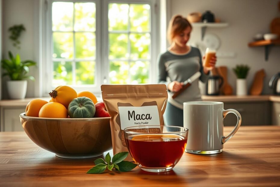 A serene kitchen scene showcasing the integration of maca into daily life, with a focus on healthy living. In the foreground, a wooden countertop adorned with a vibrant bowl of fresh fruits, a pack of maca powder, and a steaming cup of herbal tea. In the middle ground, a well-lit, cozy kitchen space featuring a person in modest casual clothing, mixing maca into a smoothie. The background reveals bright greenery through a large window, inviting natural light that casts soft shadows, adding warmth to the atmosphere. The composition conveys a sense of balance, health, and wellness, evoking a harmonious routine of exercise and nutrition while emphasizing the role of maca in everyday life.