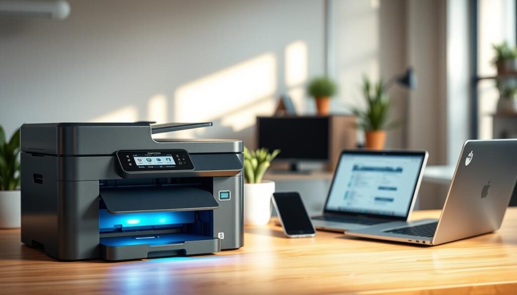 A sleek, multifunctional A4 color printer is depicted in a modern office setting. In the foreground, the printer showcases its advanced features, such as wireless connectivity and a touch screen interface, which is illuminated with a soft blue glow. The middle of the scene includes a smartphone and a laptop, emphasizing mobile printing capabilities and cloud printing settings. The background features a tidy workspace with a potted plant and soft sunlight streaming through a window, creating a warm and inviting atmosphere. The overall mood is professional and innovative, with sharp focus on the printer and a slight blur on the surrounding elements to highlight its significance.