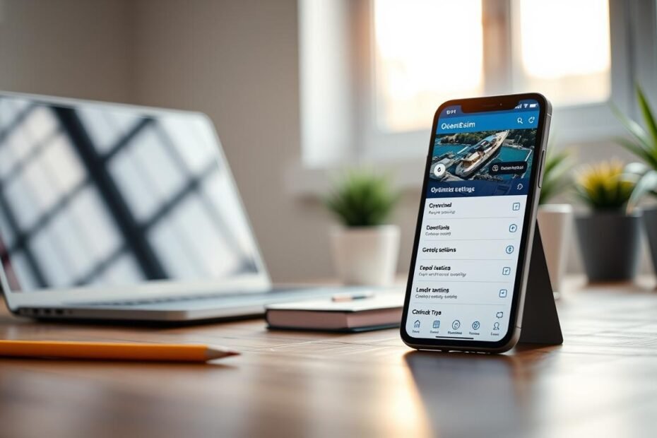 A close-up of a modern smartphone displaying the OceanEsim application interface, set against a clean and professional workspace background. The foreground features the phone in an angled view, showcasing various optimization settings for enhanced connectivity. In the middle ground, soft-focus elements like a laptop, a notebook, and a potted plant add a touch of productivity. The background includes a window with natural light pouring in, creating a bright and inviting atmosphere. The lighting is warm and even, highlighting the phone's screen details. The mood is focused and tech-savvy, ideal for conveying efficiency in mobile settings.