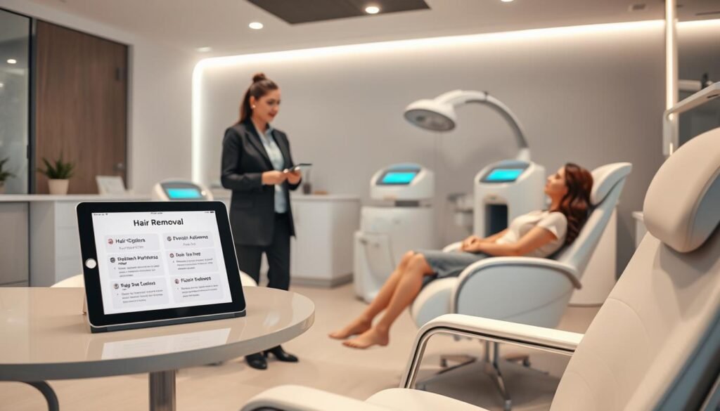 A modern medical aesthetic clinic interior focusing on laser hair removal. In the foreground, a neatly organized consultation area featuring a sleek table and stylish chairs, a digital tablet displaying hair removal prices and options. In the middle ground, a professional practitioner in smart, modest attire explaining the procedure to a client sitting in a comfortable treatment chair, showcasing a calm demeanor. The background includes advanced laser equipment and soft, ambient lighting that gives a soothing atmosphere, highlighting clean lines and a minimalist design. The scene captures a sense of professionalism and trust, reflecting the essence of medical beauty treatments.