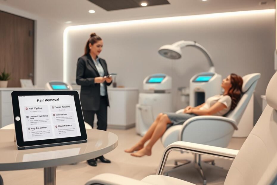 A modern medical aesthetic clinic interior focusing on laser hair removal. In the foreground, a neatly organized consultation area featuring a sleek table and stylish chairs, a digital tablet displaying hair removal prices and options. In the middle ground, a professional practitioner in smart, modest attire explaining the procedure to a client sitting in a comfortable treatment chair, showcasing a calm demeanor. The background includes advanced laser equipment and soft, ambient lighting that gives a soothing atmosphere, highlighting clean lines and a minimalist design. The scene captures a sense of professionalism and trust, reflecting the essence of medical beauty treatments.