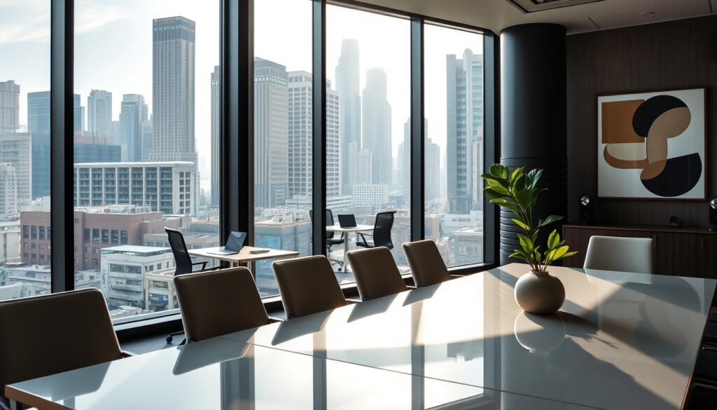 A modern office space available for lease in Sheung Wan, showcasing a sleek and spacious interior with large windows offering a view of the bustling cityscape below. In the foreground, a stylish conference table surrounded by ergonomic chairs, with a subtle elegance reflected in the decor. The middle layer highlights a professional environment, featuring a well-organized workspace with laptops, plants, and abstract art on the walls. In the background, the iconic skyline of Sheung Wan with visible commercial buildings, infused with soft morning sunlight filtering through the glass, creating a warm and inviting atmosphere. The mood is vibrant yet professional, inviting potential tenants to envision their business thriving in this strategic business district location. The perspective is slightly elevated, capturing both the interior detail and the lively street scene outside.