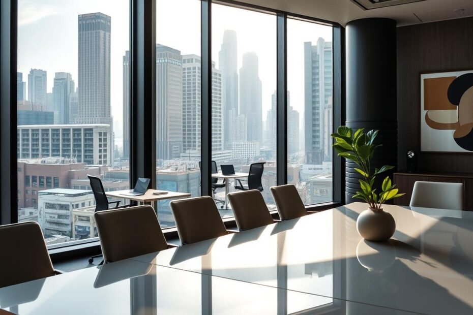A modern office space available for lease in Sheung Wan, showcasing a sleek and spacious interior with large windows offering a view of the bustling cityscape below. In the foreground, a stylish conference table surrounded by ergonomic chairs, with a subtle elegance reflected in the decor. The middle layer highlights a professional environment, featuring a well-organized workspace with laptops, plants, and abstract art on the walls. In the background, the iconic skyline of Sheung Wan with visible commercial buildings, infused with soft morning sunlight filtering through the glass, creating a warm and inviting atmosphere. The mood is vibrant yet professional, inviting potential tenants to envision their business thriving in this strategic business district location. The perspective is slightly elevated, capturing both the interior detail and the lively street scene outside.
