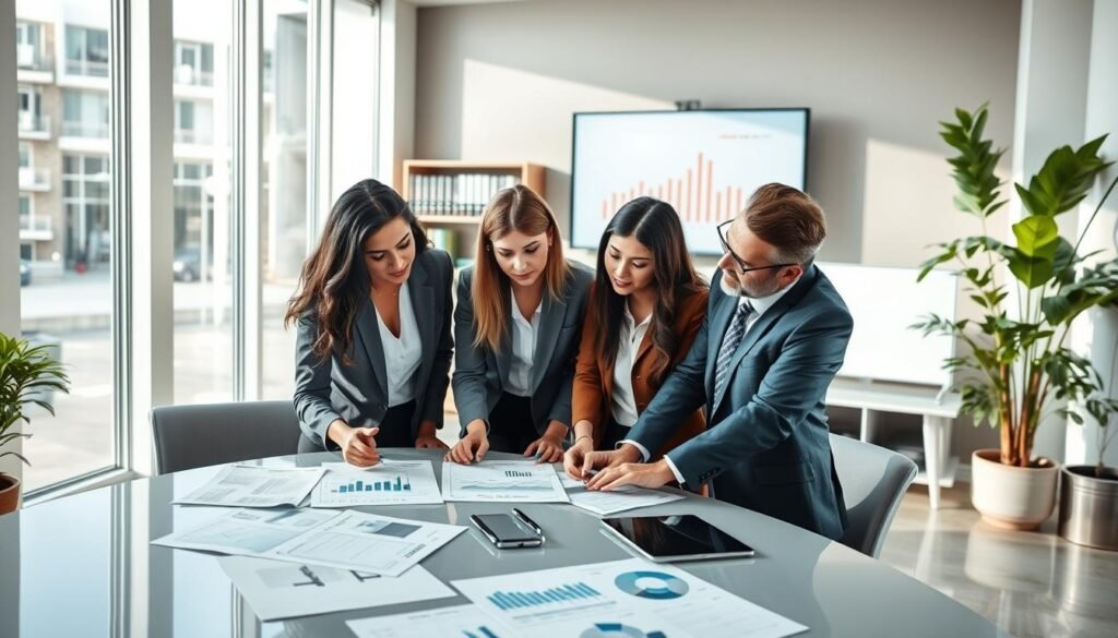 A professional office environment depicting a team of accountants engaged in tax planning and advisory services. In the foreground, a diverse group of accountants in business attire—two women and one man—discuss financial charts and tax documents spread across a sleek conference table. The middle layer showcases a modern office with large windows allowing natural light to flood in, enhancing the professional atmosphere. In the background, shelves filled with financial books, a wall-mounted screen displaying graphs, and green indoor plants add freshness to the setting. Capture the scene with a warm, inviting color palette and soft, focused lighting to convey a sense of trust, professionalism, and supportiveness in financial planning.
