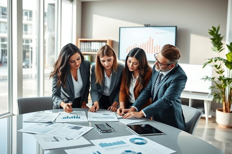 A professional office environment depicting a team of accountants engaged in tax planning and advisory services. In the foreground, a diverse group of accountants in business attire—two women and one man—discuss financial charts and tax documents spread across a sleek conference table. The middle layer showcases a modern office with large windows allowing natural light to flood in, enhancing the professional atmosphere. In the background, shelves filled with financial books, a wall-mounted screen displaying graphs, and green indoor plants add freshness to the setting. Capture the scene with a warm, inviting color palette and soft, focused lighting to convey a sense of trust, professionalism, and supportiveness in financial planning.