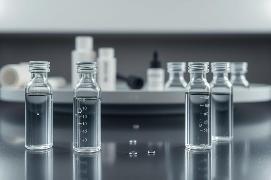 A close-up view of the fundamental characteristics and protective effects of water-based lubricants, depicted in an informative and professional style. In the foreground, showcase glass vials filled with clear, glistening water-based lubricant droplets, reflecting light to highlight their viscosity and purity. In the middle ground, incorporate elements like a smooth, modern surface representing adult products, along with subtle textures emphasizing the importance of lubrication in reducing wear. The background should feature soft, diffused lighting to create an inviting atmosphere, accentuating clarity and cleanliness. Use a shallow depth of field to draw focus to the vials while maintaining a neat and organized look, suitable for an educational article.