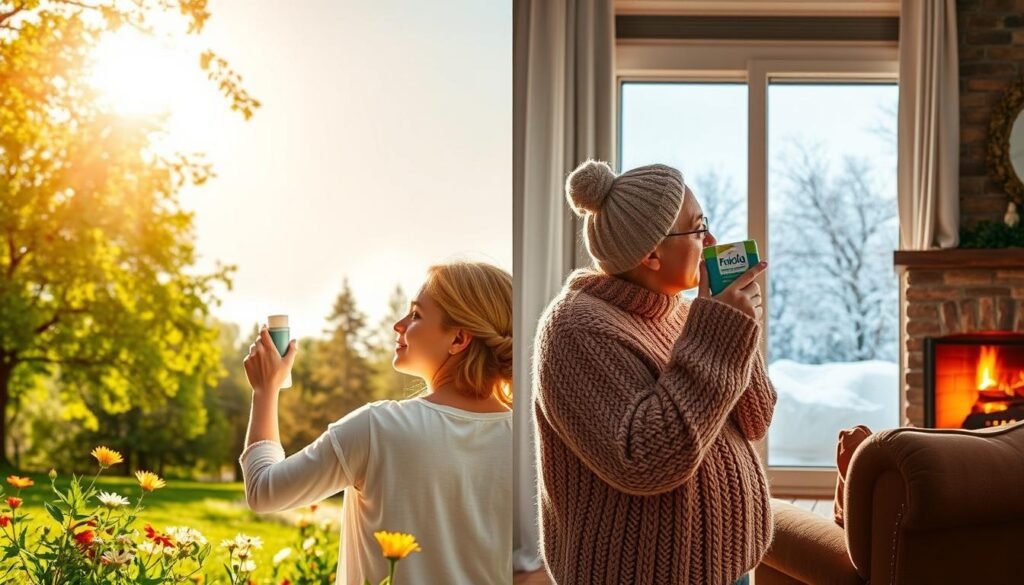 A vibrant split-scene image illustrating the contrast between summer and winter perspiration solutions. In the foreground, depict a summer scene with a sun-drenched park setting featuring a person in lightweight, breathable clothing applying roll-on deodorant. They appear relaxed and refreshed, surrounded by green trees and bright flowers. In the middle ground, contrast this with a winter scene showcasing a person in a cozy sweater, putting on an antiperspirant stick indoors next to a warm fireplace, with snow gently falling outside the window. The background should include a sunny sky on one side and a serene snowy landscape on the other, capturing the essence of both seasons. Use soft, natural lighting to create a warm atmosphere, highlighting the differences in attire and methods for staying fresh across the seasons.