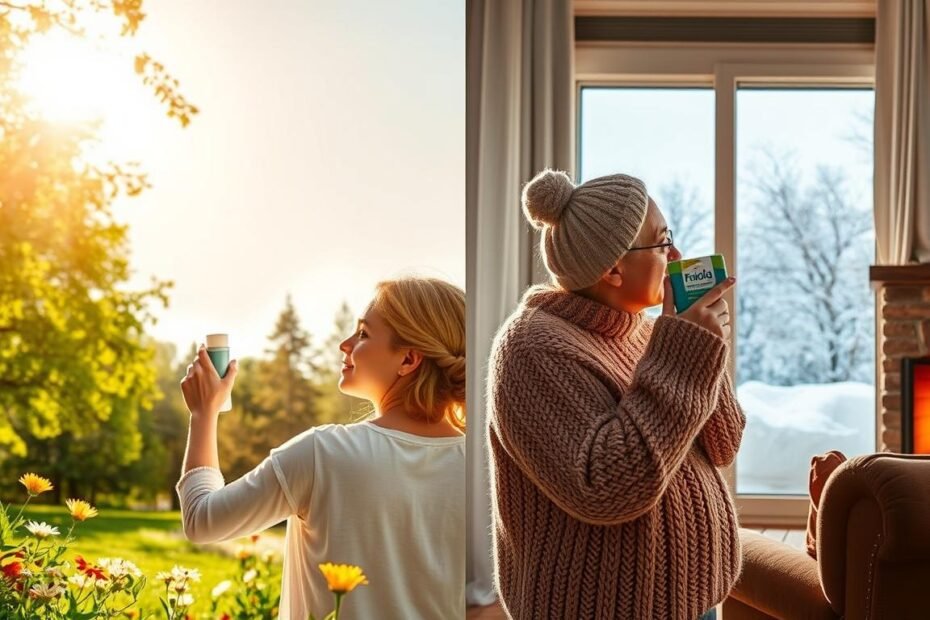 A vibrant split-scene image illustrating the contrast between summer and winter perspiration solutions. In the foreground, depict a summer scene with a sun-drenched park setting featuring a person in lightweight, breathable clothing applying roll-on deodorant. They appear relaxed and refreshed, surrounded by green trees and bright flowers. In the middle ground, contrast this with a winter scene showcasing a person in a cozy sweater, putting on an antiperspirant stick indoors next to a warm fireplace, with snow gently falling outside the window. The background should include a sunny sky on one side and a serene snowy landscape on the other, capturing the essence of both seasons. Use soft, natural lighting to create a warm atmosphere, highlighting the differences in attire and methods for staying fresh across the seasons.