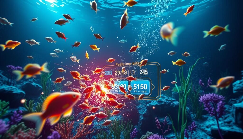 A dynamic scene depicting a 3A fishing game environment, where vibrant marine life, like colorful fish and underwater plants, interacts amidst intricate collisions. In the foreground, showcase a detailed simulation of object collision detection, with visual cues like glowing outlines and collision physics illustrated through shockwave effects. The middle ground features a user interface displaying elements of real-time jackpot calculations, with soft lighting reflecting off the underwater scene. The background consists of a deep ocean setting, with dim light filtering through, creating a mysterious and immersive atmosphere. The image should have a slightly futuristic touch, emphasizing the importance of collision detection in enhancing gameplay experience while maintaining a vibrant, energetic aesthetic.