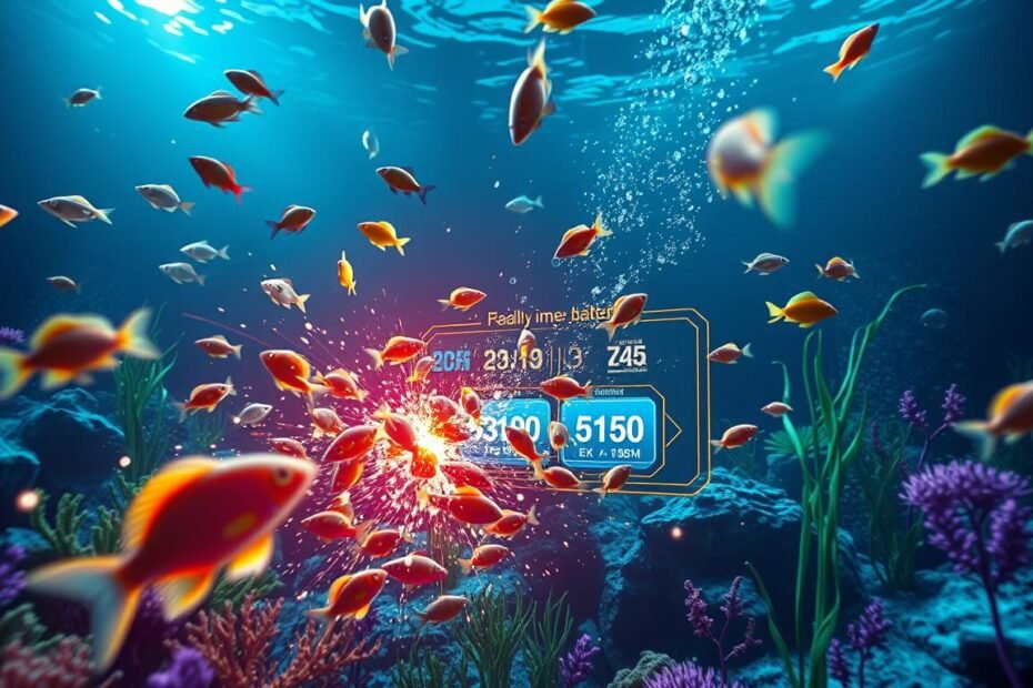 A dynamic scene depicting a 3A fishing game environment, where vibrant marine life, like colorful fish and underwater plants, interacts amidst intricate collisions. In the foreground, showcase a detailed simulation of object collision detection, with visual cues like glowing outlines and collision physics illustrated through shockwave effects. The middle ground features a user interface displaying elements of real-time jackpot calculations, with soft lighting reflecting off the underwater scene. The background consists of a deep ocean setting, with dim light filtering through, creating a mysterious and immersive atmosphere. The image should have a slightly futuristic touch, emphasizing the importance of collision detection in enhancing gameplay experience while maintaining a vibrant, energetic aesthetic.