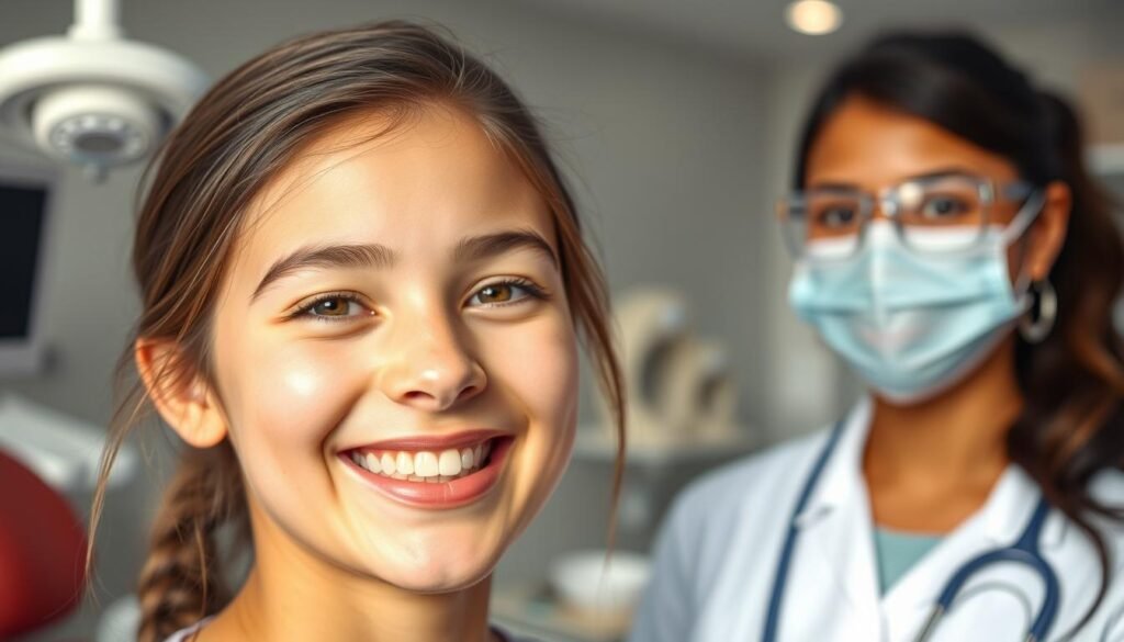 A close-up view of a teenage girl wearing clear Invisalign aligners, showcasing her confident smile. The background features a softly blurred dental office equipped with modern orthodontic tools. In the foreground, a health professional in professional attire stands beside her, explaining the benefits of using Invisalign for facial contour development during critical growth stages. The lighting is bright, emphasizing the clarity of the aligners and the girl’s youthful complexion. The overall mood is optimistic and encouraging, demonstrating the positive impact of Invisalign on adolescents' dental health and facial aesthetics.