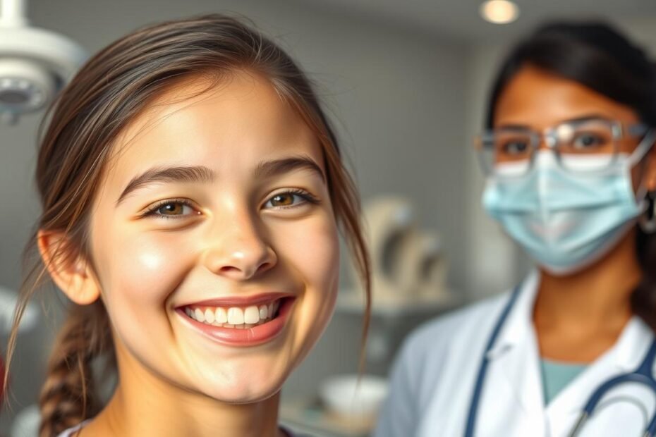 A close-up view of a teenage girl wearing clear Invisalign aligners, showcasing her confident smile. The background features a softly blurred dental office equipped with modern orthodontic tools. In the foreground, a health professional in professional attire stands beside her, explaining the benefits of using Invisalign for facial contour development during critical growth stages. The lighting is bright, emphasizing the clarity of the aligners and the girl’s youthful complexion. The overall mood is optimistic and encouraging, demonstrating the positive impact of Invisalign on adolescents' dental health and facial aesthetics.