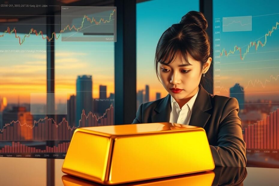 A detailed and informative illustration of "Gold Price Reference Indicators" to depict the highest reference point for gold prices. In the foreground, a polished gold bar gleams under soft, warm lighting, showcasing its intricate details. Surrounding the gold bar, various financial charts and graphs illustrate trends, with lines indicating fluctuations and peaks in gold prices. In the middle, a professional Asian woman in business attire studies these charts intently, her brow slightly furrowed, representing market analysis and forecasting. The background features a modern financial office, with large windows displaying a city skyline bathed in golden sunset hues, creating a sense of optimism and potential in the gold market. The overall mood is one of professionalism, insight, and hopefulness regarding gold price trends.