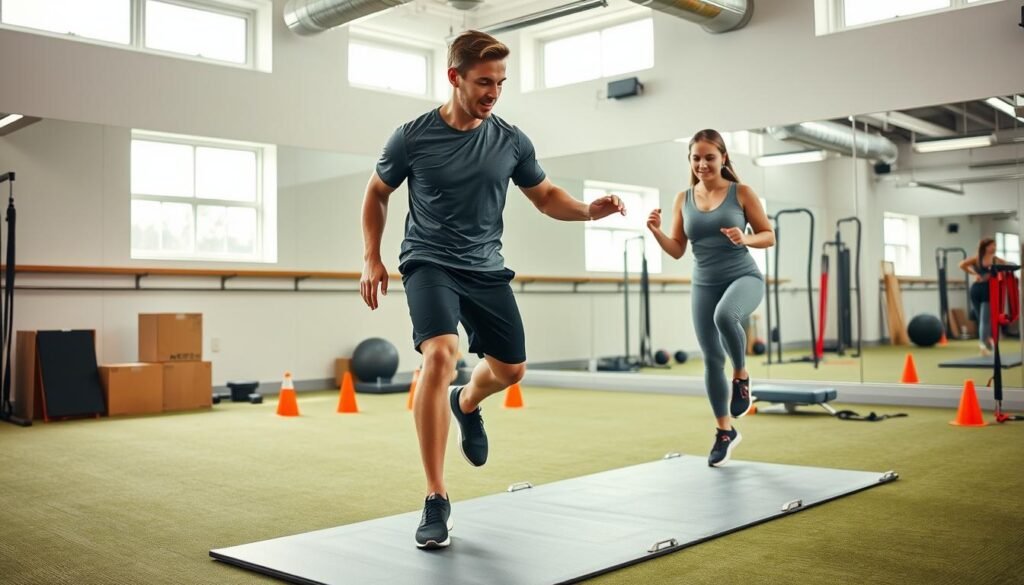 A focused athletic training environment showcasing a physical therapist and a patient engaged in progressive plyometric training for ACL rehabilitation. In the foreground, the therapist, dressed in professional athletic wear, demonstrates a jump drill on a soft mat, emphasizing proper landing techniques. The patient, also in modest athletic attire, mirrors the movement with concentration and determination. In the middle ground, various plyometric training equipment such as boxes, cones, and resistance bands are visible, highlighting the exercise regime. The background features a well-lit gym with mirrors reflecting the training space, creating a dynamic atmosphere of activity and dedication. Soft, natural lighting from overhead windows enhances the motivating ambiance, conveying a sense of progression and hope in recovery.