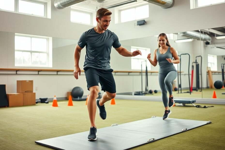 A focused athletic training environment showcasing a physical therapist and a patient engaged in progressive plyometric training for ACL rehabilitation. In the foreground, the therapist, dressed in professional athletic wear, demonstrates a jump drill on a soft mat, emphasizing proper landing techniques. The patient, also in modest athletic attire, mirrors the movement with concentration and determination. In the middle ground, various plyometric training equipment such as boxes, cones, and resistance bands are visible, highlighting the exercise regime. The background features a well-lit gym with mirrors reflecting the training space, creating a dynamic atmosphere of activity and dedication. Soft, natural lighting from overhead windows enhances the motivating ambiance, conveying a sense of progression and hope in recovery.