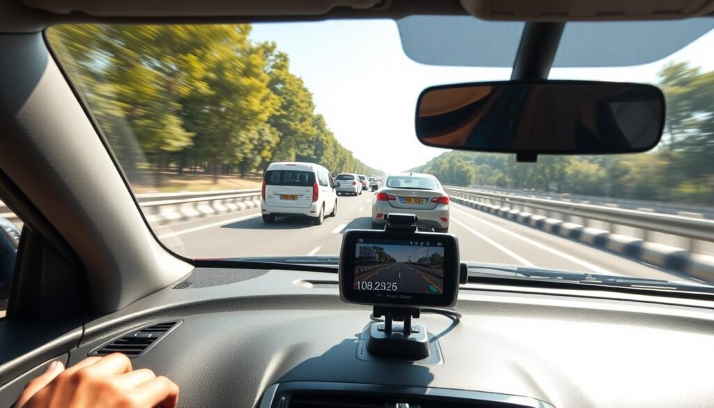 A high-resolution 4K dashcam image showcasing the advantages of capturing clear details while driving at high speed. In the foreground, a sleek vehicle with a polished dashboard featuring the dashcam actively recording the road ahead. The middle ground captures a busy highway scene with adjacent vehicles, clearly showcasing their license plates. The background features a blur of trees and roadside barriers to convey motion, emphasizing speed. Bright, natural sunlight illuminates the scene, highlighting the clarity of the captured details. The camera angle is slightly tilted downward, focusing on the dashcam's display and the swift motion of the cars. The overall mood is dynamic and engaging, illustrating the technological advancement of 4K resolution in real-world driving scenarios.