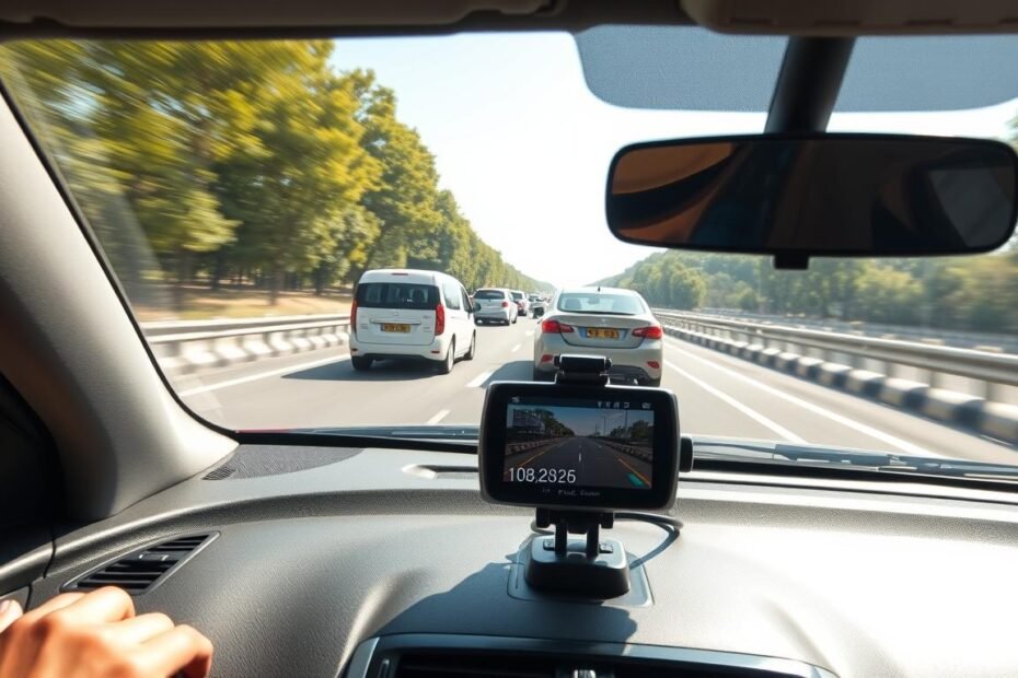 A high-resolution 4K dashcam image showcasing the advantages of capturing clear details while driving at high speed. In the foreground, a sleek vehicle with a polished dashboard featuring the dashcam actively recording the road ahead. The middle ground captures a busy highway scene with adjacent vehicles, clearly showcasing their license plates. The background features a blur of trees and roadside barriers to convey motion, emphasizing speed. Bright, natural sunlight illuminates the scene, highlighting the clarity of the captured details. The camera angle is slightly tilted downward, focusing on the dashcam's display and the swift motion of the cars. The overall mood is dynamic and engaging, illustrating the technological advancement of 4K resolution in real-world driving scenarios.