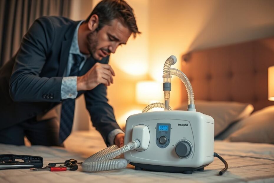 A professional male technician in business attire is meticulously installing a sleep apnea machine in a cozy, well-lit bedroom setting. The foreground shows the technician focusing on the machine, with tools arranged neatly beside him. In the middle, the sleep machine is prominently displayed, illustrating its various components—tubing, mask, and controls—with clear attention to detail. The background features a softly lit room, with calming colors and a comfortable bed, creating a serene atmosphere. The lighting is warm and inviting, casting gentle shadows that emphasize the professionalism of the installation process. Overall, the image conveys a sense of expertise and reassurance, highlighting the importance of professional installation for sleep therapy devices.