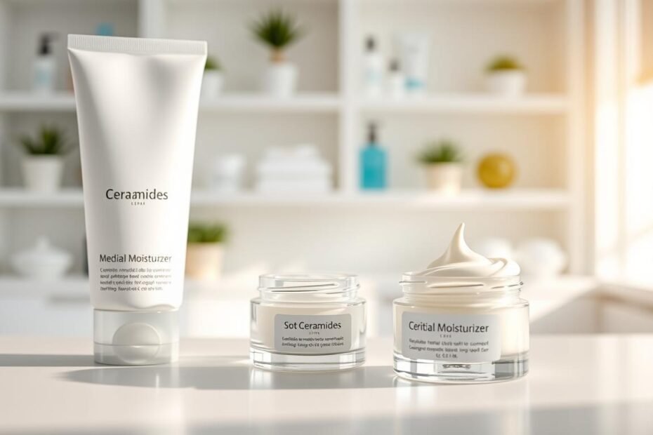 A serene, well-lit clinical setting showcasing a close-up arrangement of a medical moisturizer rich in ceramides, with soft creamy texture gently placed on a pristine white surface. In the foreground, the tube of the moisturizer, elegantly designed with a label highlighting "Ceramides," sits next to a small open jar filled with the cream. Soft natural light filters in, creating a calm and reassuring atmosphere. In the background, blurred shelves display skincare products, emphasizing professionalism and care. The scene conveys comfort and trust, highlighting the critical connection between ceramide-enriched moisturizers and eczema treatment. The overall mood is soothing and informative, suitable for a healthcare context.