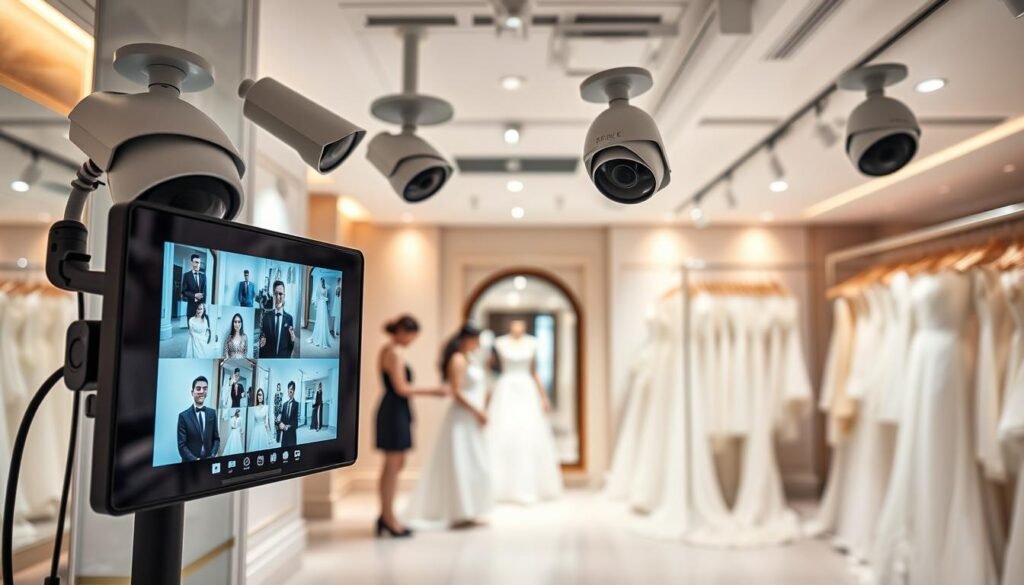 An elegant and modern bridal shop in Taipei, showcasing a sophisticated security surveillance system. In the foreground, a sleek digital monitor displays live feeds from multiple camera angles watching over fitting rooms. The middle ground features well-dressed staff assisting customers in stylish dresses, while a cozy fitting area with elegant mirrors and soft lighting is visible. The background includes rows of luxurious gowns hanging on racks, with soft, warm lighting enhancing the inviting atmosphere. The security cameras are placed strategically above the fitting rooms, ensuring comprehensive coverage. The scene conveys a sense of safety and professionalism, highlighting the importance of personal belongings' security within the bridal shop's decor.