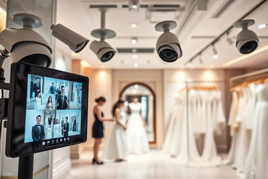 An elegant and modern bridal shop in Taipei, showcasing a sophisticated security surveillance system. In the foreground, a sleek digital monitor displays live feeds from multiple camera angles watching over fitting rooms. The middle ground features well-dressed staff assisting customers in stylish dresses, while a cozy fitting area with elegant mirrors and soft lighting is visible. The background includes rows of luxurious gowns hanging on racks, with soft, warm lighting enhancing the inviting atmosphere. The security cameras are placed strategically above the fitting rooms, ensuring comprehensive coverage. The scene conveys a sense of safety and professionalism, highlighting the importance of personal belongings' security within the bridal shop's decor.
