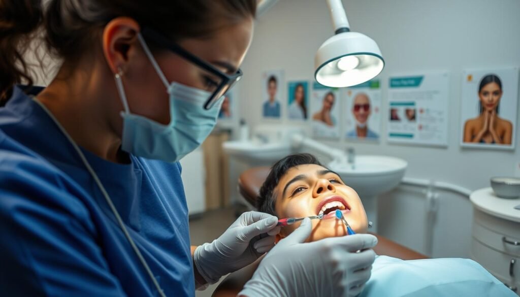 A close-up view of a dental hygienist performing a teeth cleaning on a patient with inflamed gums. The foreground features the dental hygienist in a professional uniform, using tools like a scaler and toothbrush. The patient, seated in a dental chair, has an expression of mild concern or discomfort. In the middle ground, dental instruments and a sink are visible, with a bright and sterile environment. The background shows dental charts and a wall with dental hygiene posters, illuminated by soft, clinical lighting. The atmosphere is calm yet serious, emphasizing the importance of understanding gum inflammation during dental cleanings.
