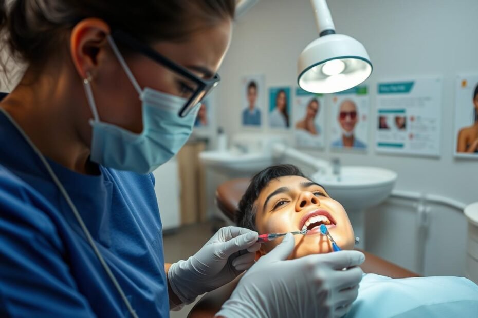 A close-up view of a dental hygienist performing a teeth cleaning on a patient with inflamed gums. The foreground features the dental hygienist in a professional uniform, using tools like a scaler and toothbrush. The patient, seated in a dental chair, has an expression of mild concern or discomfort. In the middle ground, dental instruments and a sink are visible, with a bright and sterile environment. The background shows dental charts and a wall with dental hygiene posters, illuminated by soft, clinical lighting. The atmosphere is calm yet serious, emphasizing the importance of understanding gum inflammation during dental cleanings.