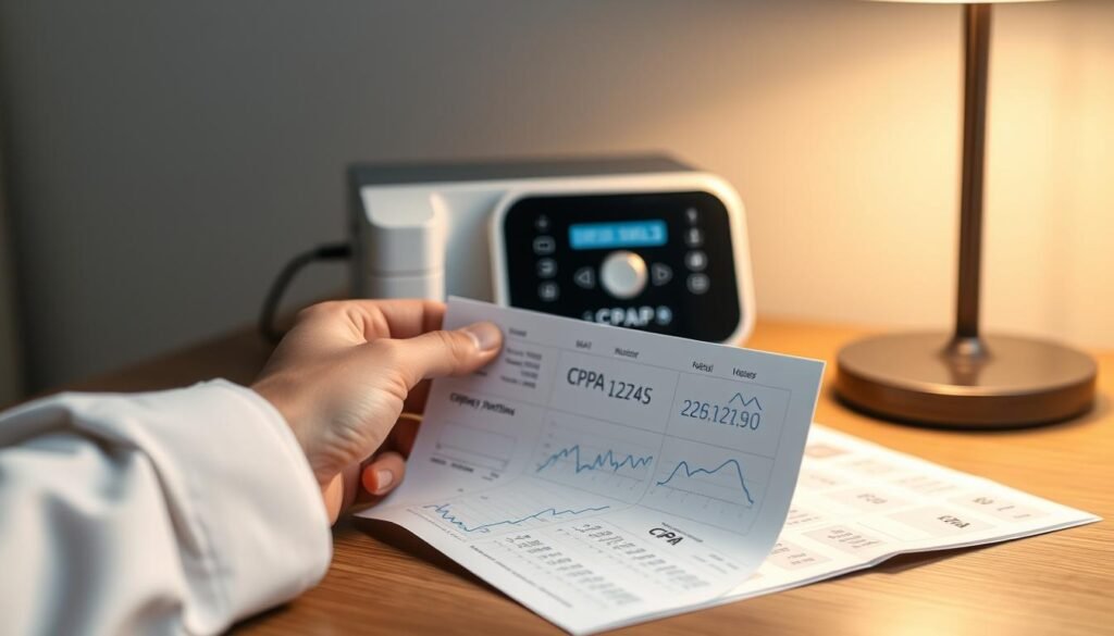 A detailed close-up image of a well-organized CPAP data card on a wooden desk, with a sleek CPAP machine in soft focus in the background. The data card clearly displays numerical values and graphs indicating sleep patterns, with a soft, warm ambient light illuminating the scene, creating a calm atmosphere. In the foreground, a pair of hands wearing light, professional clothing gently hold the data card, analyzing the information. A soft-focus lamp emits a gentle glow, enhancing the mood of relaxation and attention to detail. The background features a minimalist setting with subdued colors that suggest a serene home environment, emphasizing the importance of effective monitoring for sleep health.