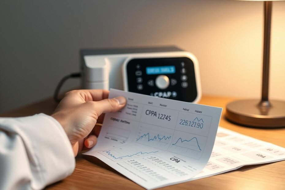 A detailed close-up image of a well-organized CPAP data card on a wooden desk, with a sleek CPAP machine in soft focus in the background. The data card clearly displays numerical values and graphs indicating sleep patterns, with a soft, warm ambient light illuminating the scene, creating a calm atmosphere. In the foreground, a pair of hands wearing light, professional clothing gently hold the data card, analyzing the information. A soft-focus lamp emits a gentle glow, enhancing the mood of relaxation and attention to detail. The background features a minimalist setting with subdued colors that suggest a serene home environment, emphasizing the importance of effective monitoring for sleep health.