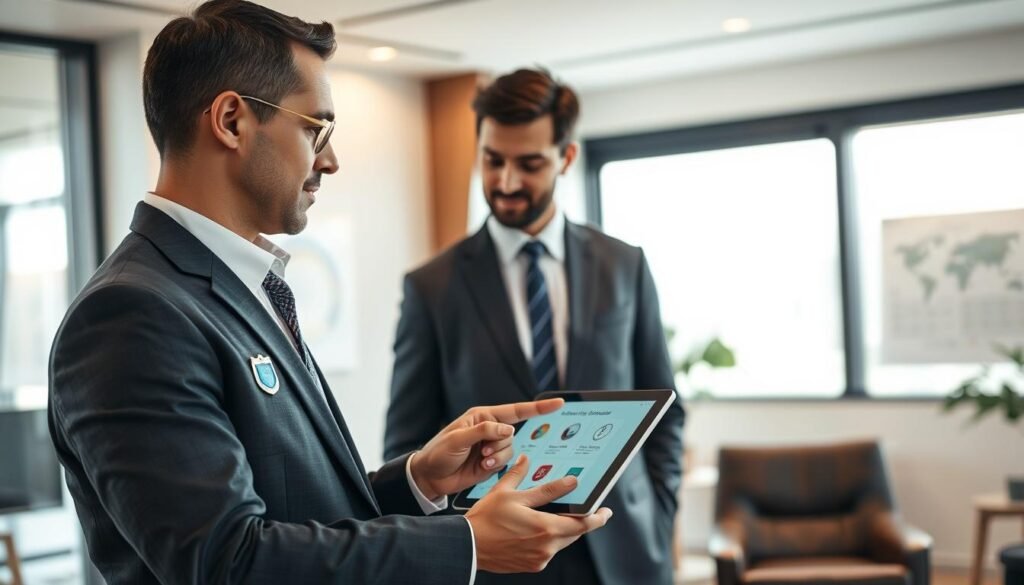 A detailed scene depicting a professional security consultant discussing pricing and service guarantees with a client in an elegant office setting. The foreground features a well-dressed security consultant in a tailored suit, showcasing confidence and expertise, while pointing to a digital tablet displaying service options. In the middle, a client, also in business attire, appears engaged, listening carefully. The background includes a modern office environment with a large window allowing natural light to flood in, softening the atmosphere. Subtle elements like a security badge on the consultant's lapel and charts on the walls highlight the professionalism and legitimacy of a formal security company. The lighting is warm, creating a reassuring and trustworthy ambiance.