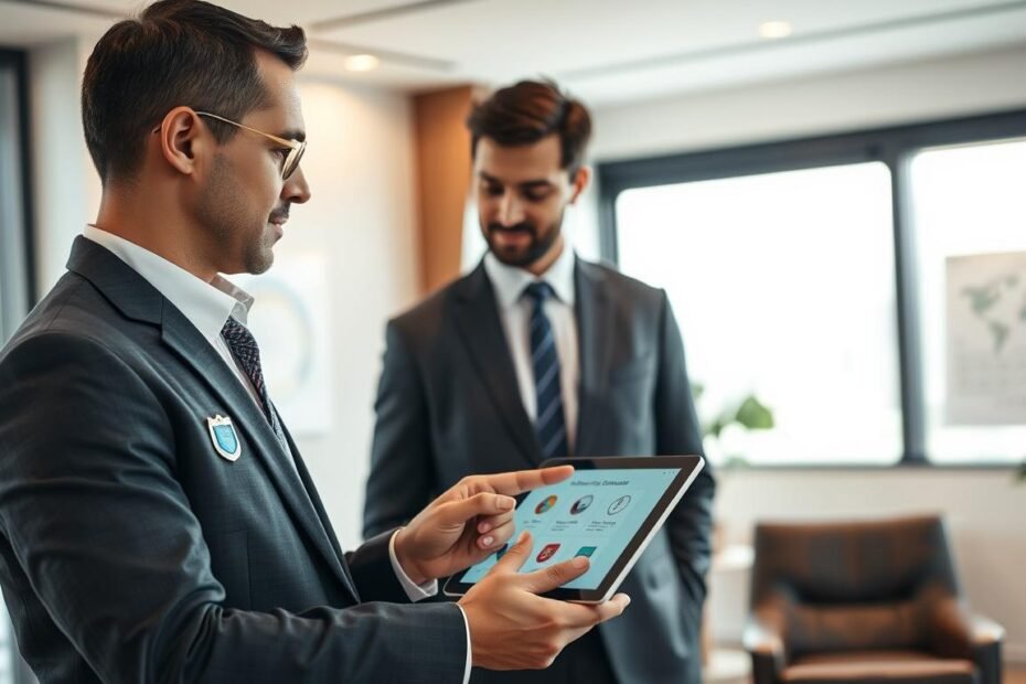 A detailed scene depicting a professional security consultant discussing pricing and service guarantees with a client in an elegant office setting. The foreground features a well-dressed security consultant in a tailored suit, showcasing confidence and expertise, while pointing to a digital tablet displaying service options. In the middle, a client, also in business attire, appears engaged, listening carefully. The background includes a modern office environment with a large window allowing natural light to flood in, softening the atmosphere. Subtle elements like a security badge on the consultant's lapel and charts on the walls highlight the professionalism and legitimacy of a formal security company. The lighting is warm, creating a reassuring and trustworthy ambiance.